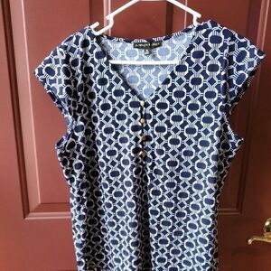 Always Indigo Blue and White Cap Sleeve Buttoned Blouse